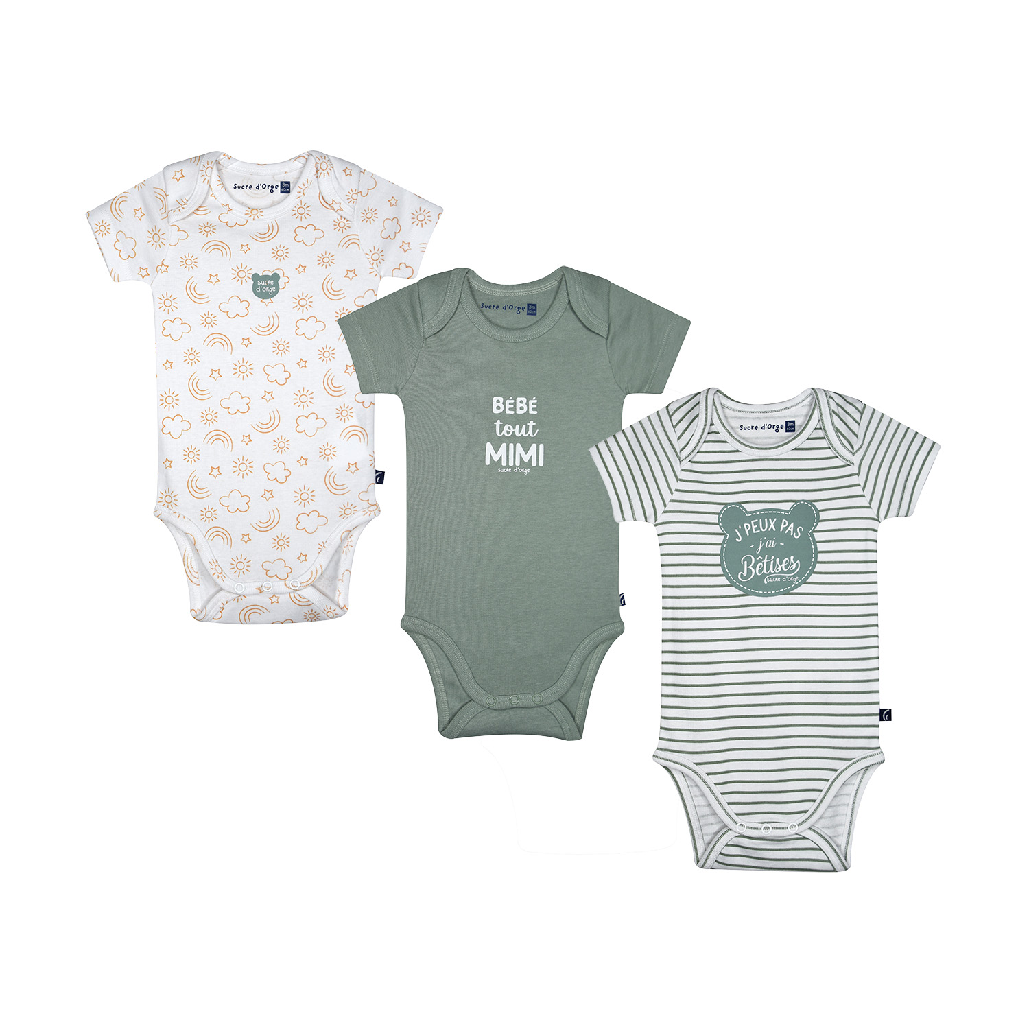 Lot de 3 bodies omar manches courtes, SUCRE D'ORGE