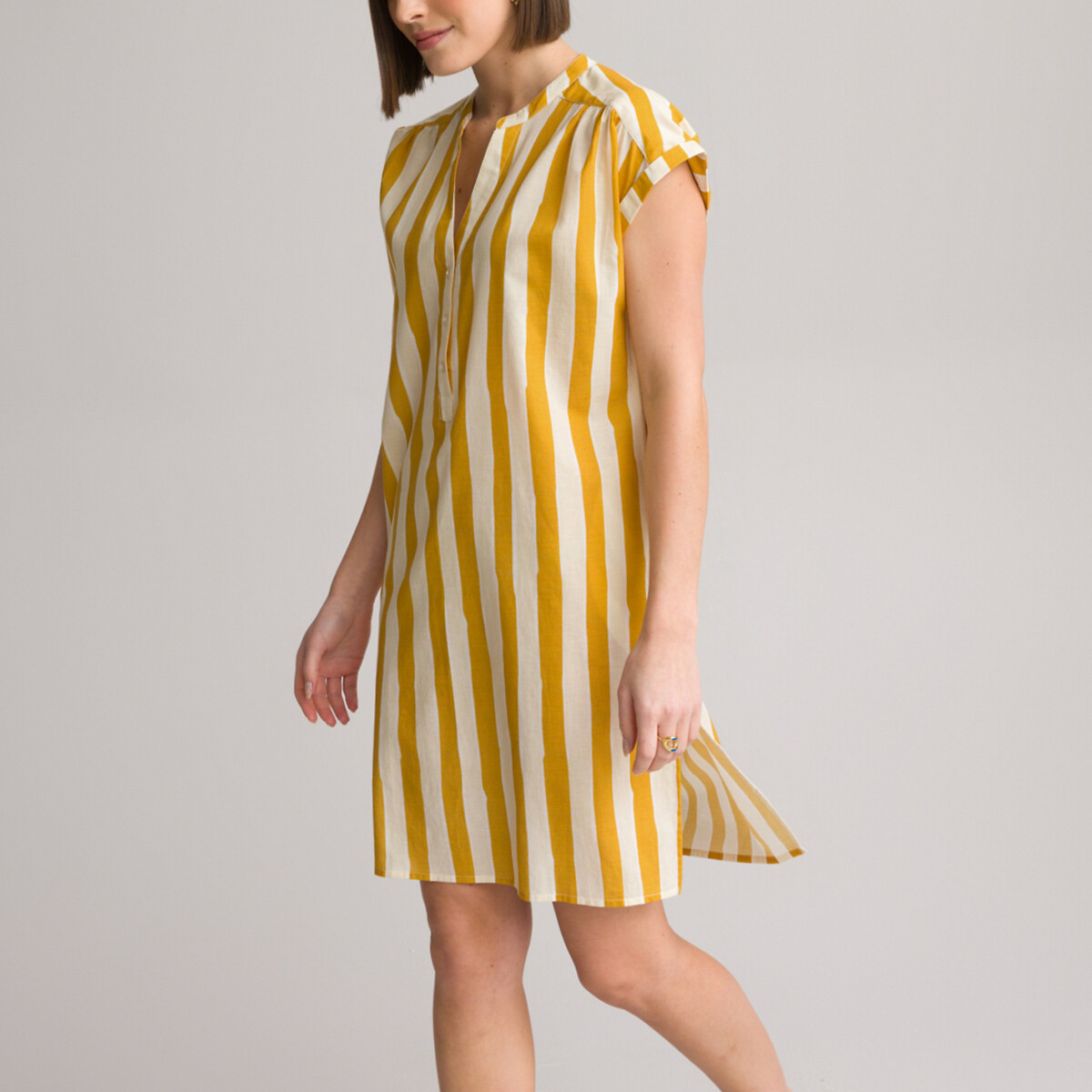 Image of Striped Cotton Tunic with Grandad Collar and Short Sleeves