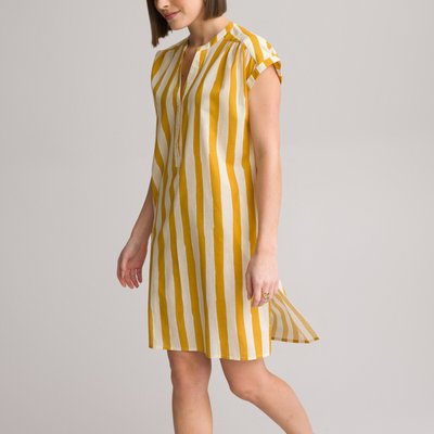 Striped Cotton Tunic with Grandad Collar and Short Sleeves ANNE WEYBURN