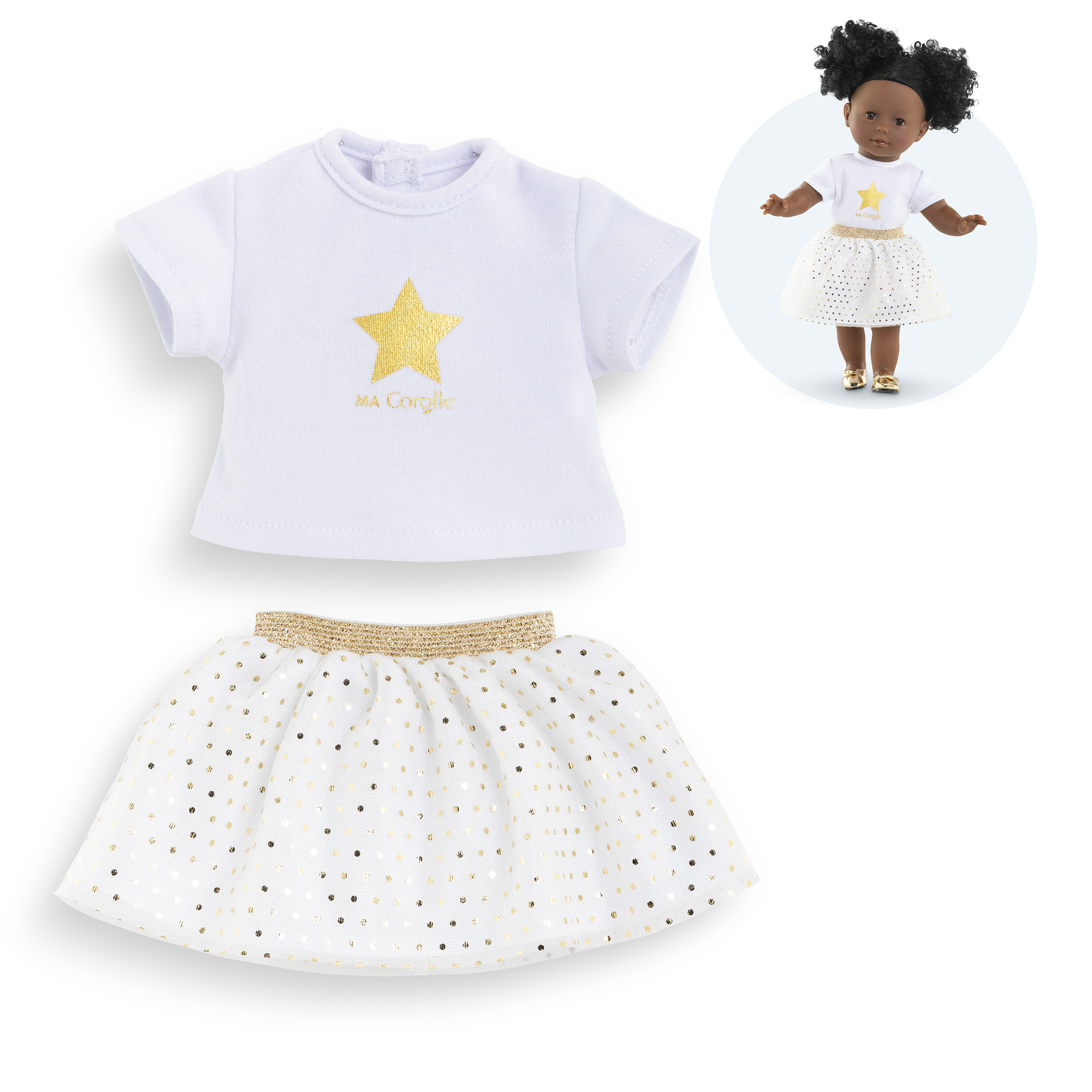 Ensemble Jupe & T Shirt Ivoire et Or pour poupée ma Corolle, COROLLE