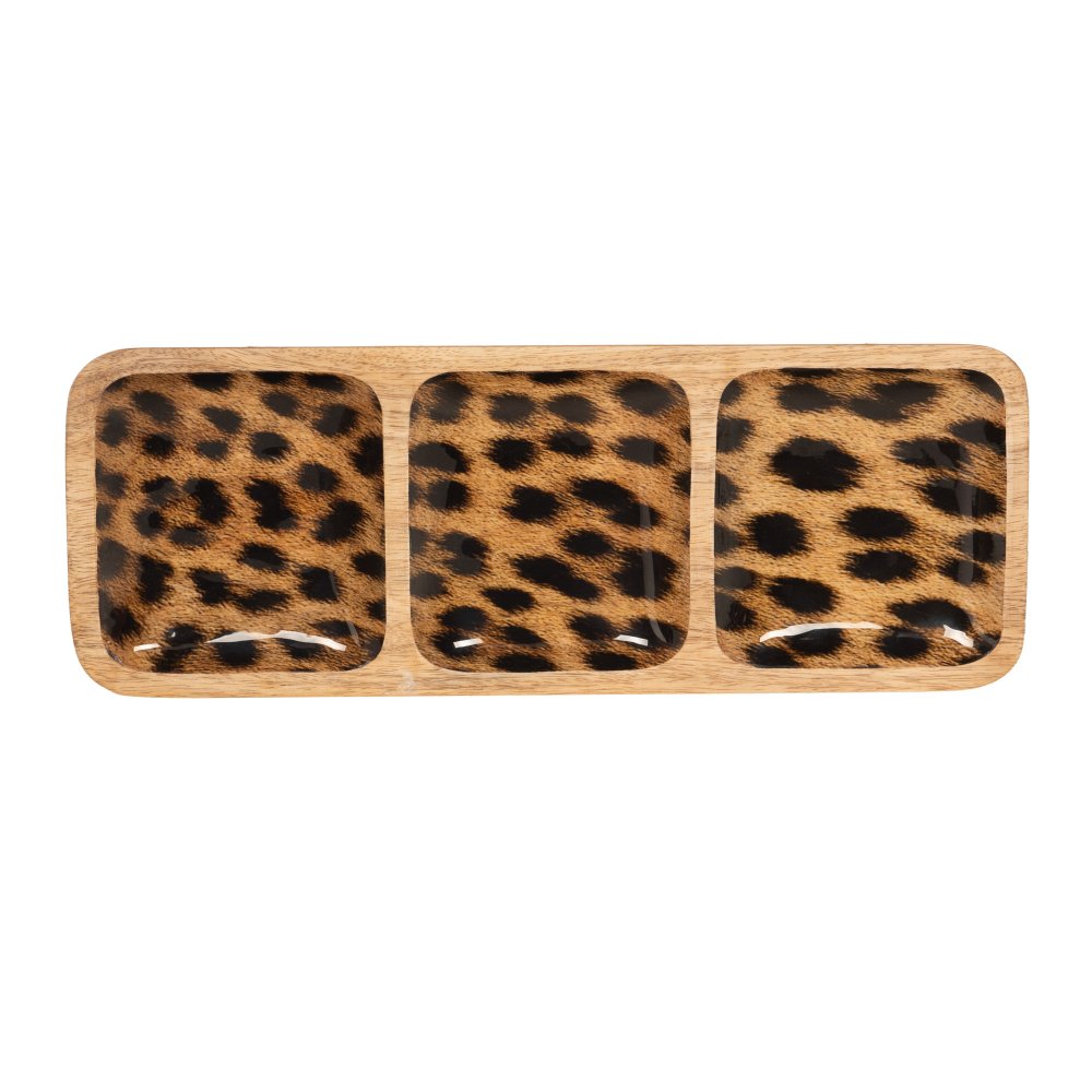 Plat apéritif avec 3 compartiments Léopard en manguier 38x14 cm, TABLE PASSION