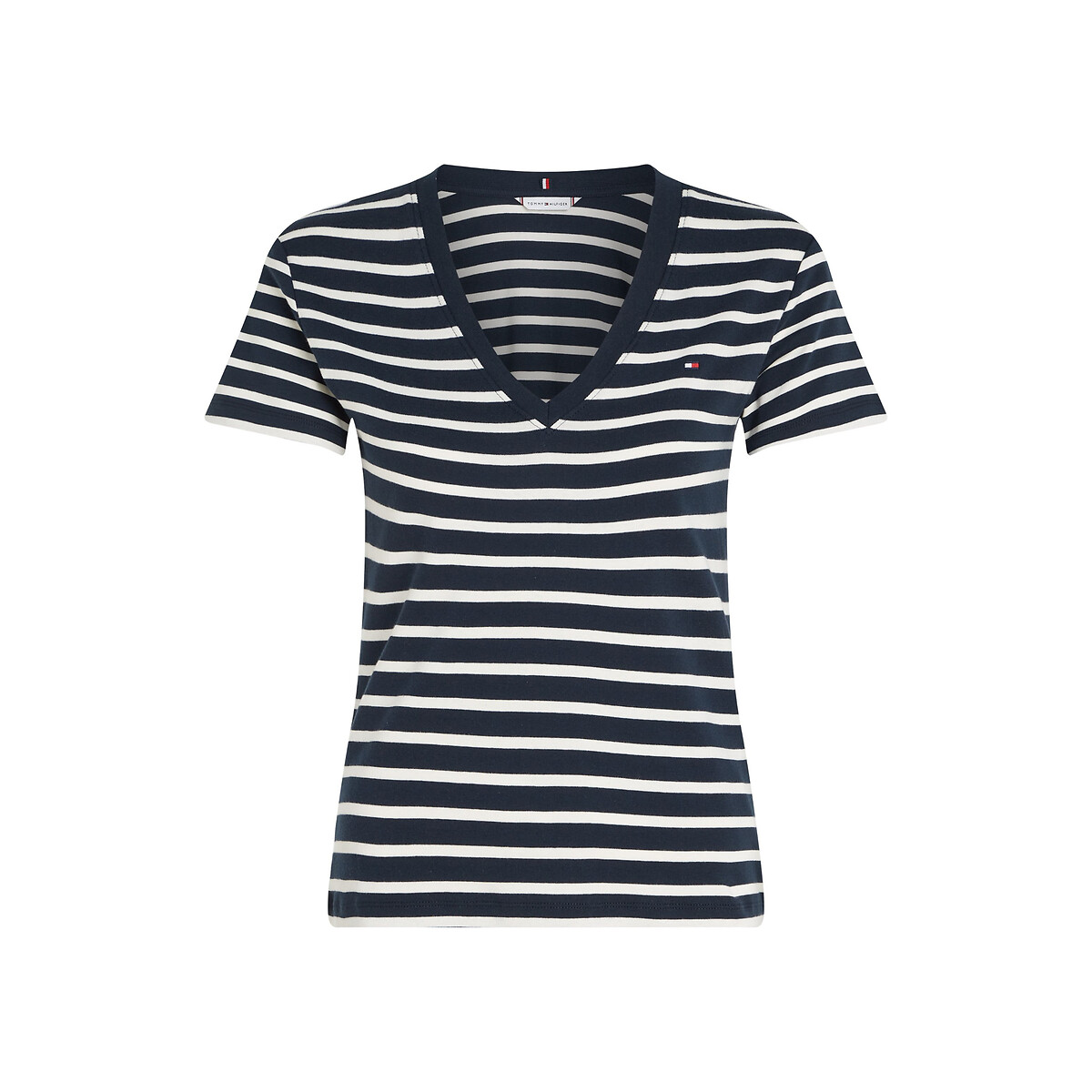 Breton Striped Cotton T-Shirt with V-Neck and Short Sleeves