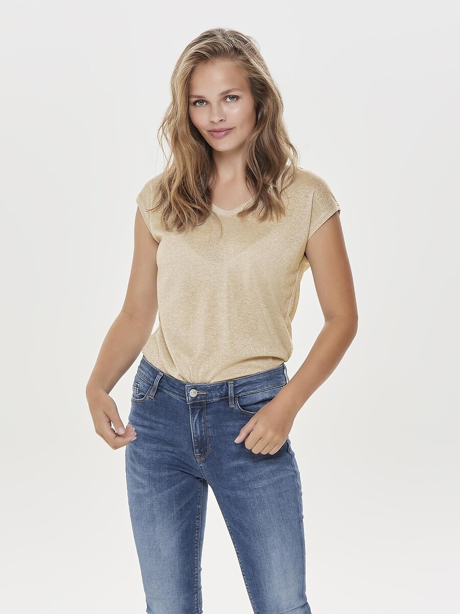 Metallic V-Neck T-Shirt with Short Sleeves, ONLY