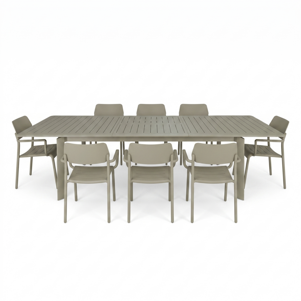 Ensemble de jardin extensible 6/10p en aluminium Kaki clair 8 fauteuils et coussin Beige chiné HAVANA, WILSA GARDEN