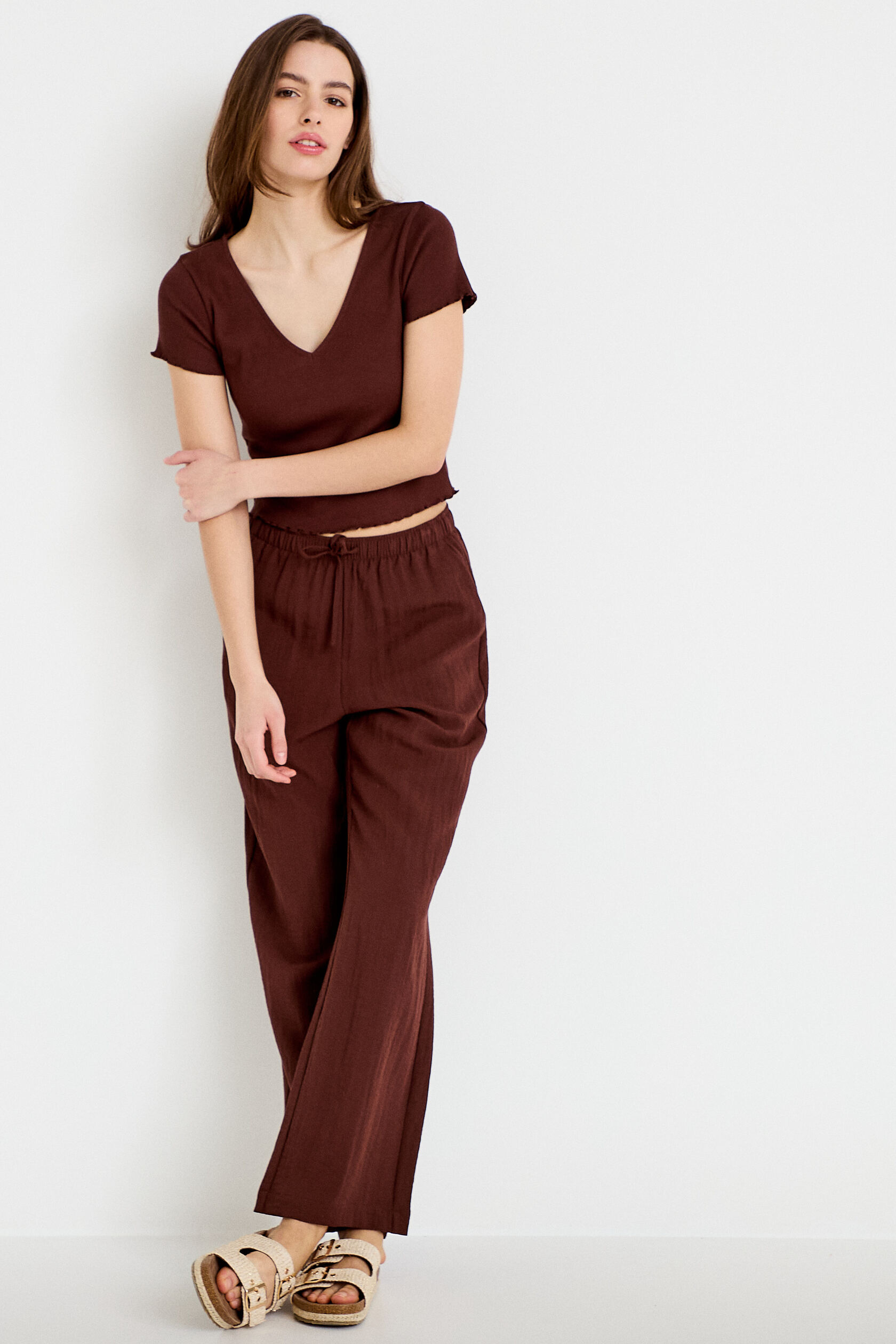 Pantalon large taille haute en crêpe, CACHE CACHE