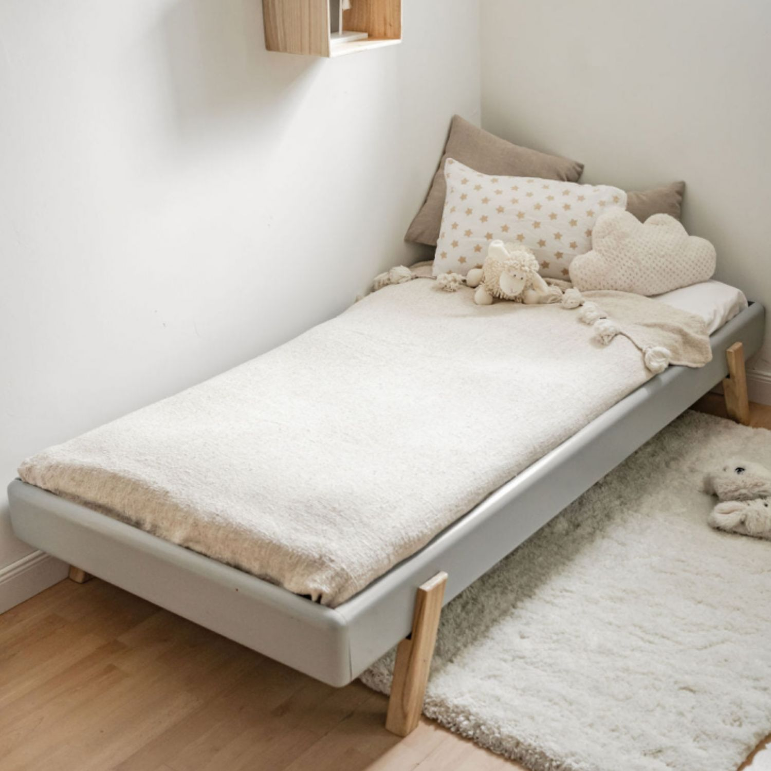 Lit 1 place en bois massif gris et bois 90CM - RÉTRO, SAUDARA COLLECTIONS