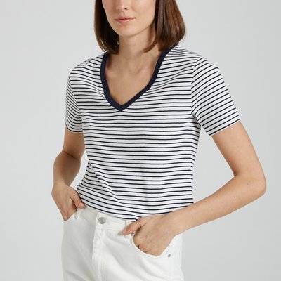 Iconic Striped Cotton T-Shirt with V-Neck PETIT BATEAU