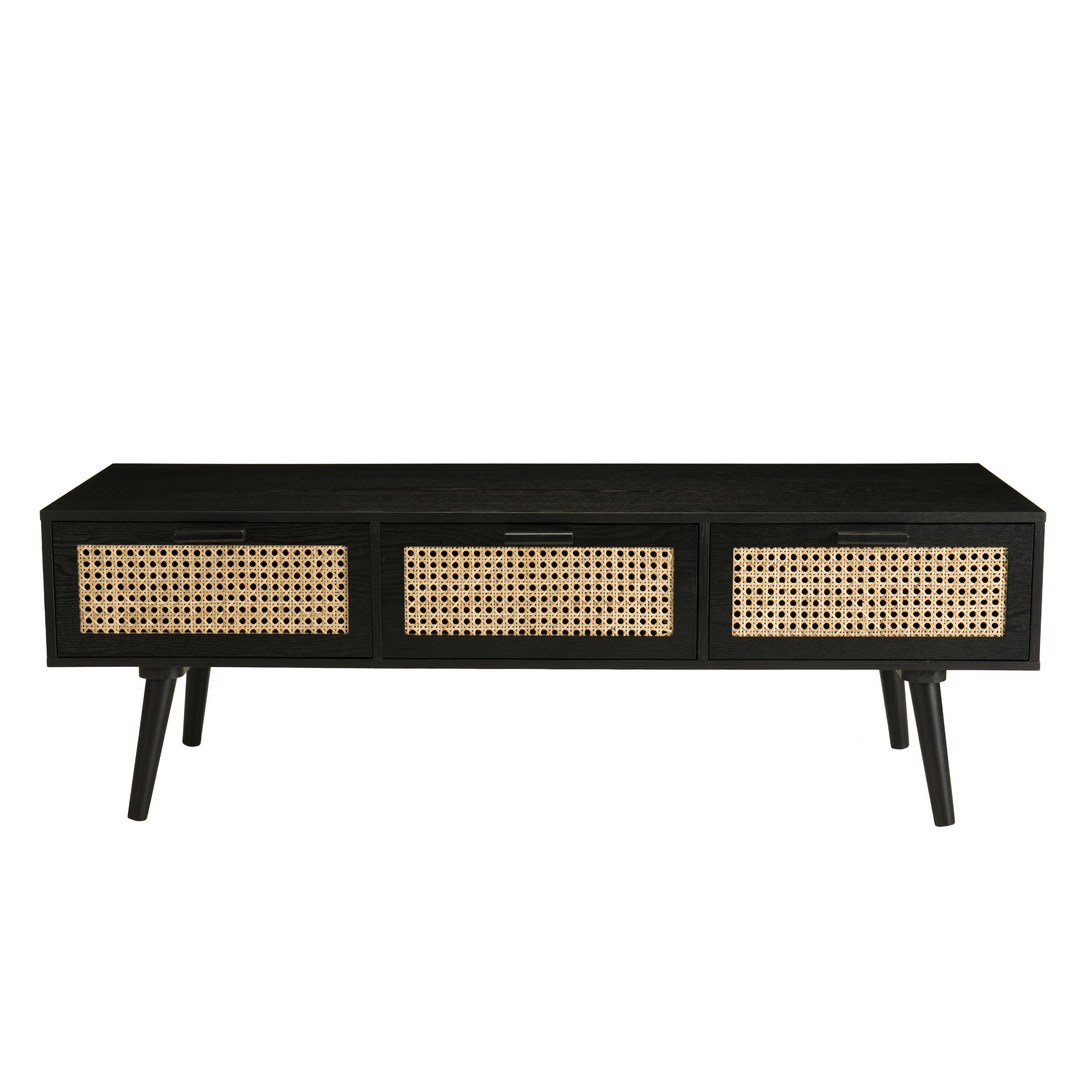 Meuble TV 120cm en bois noir avec cannage rotin 3 tiroirs style contemporain PALMA, PIER IMPORT