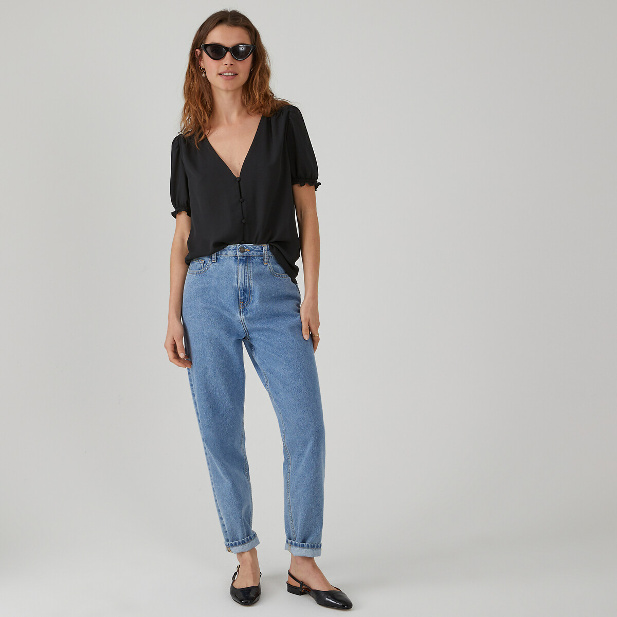 Camicetta da donna estiva con scollo a V, a maniche corte, in cotone e lino, tinta, Blu, L