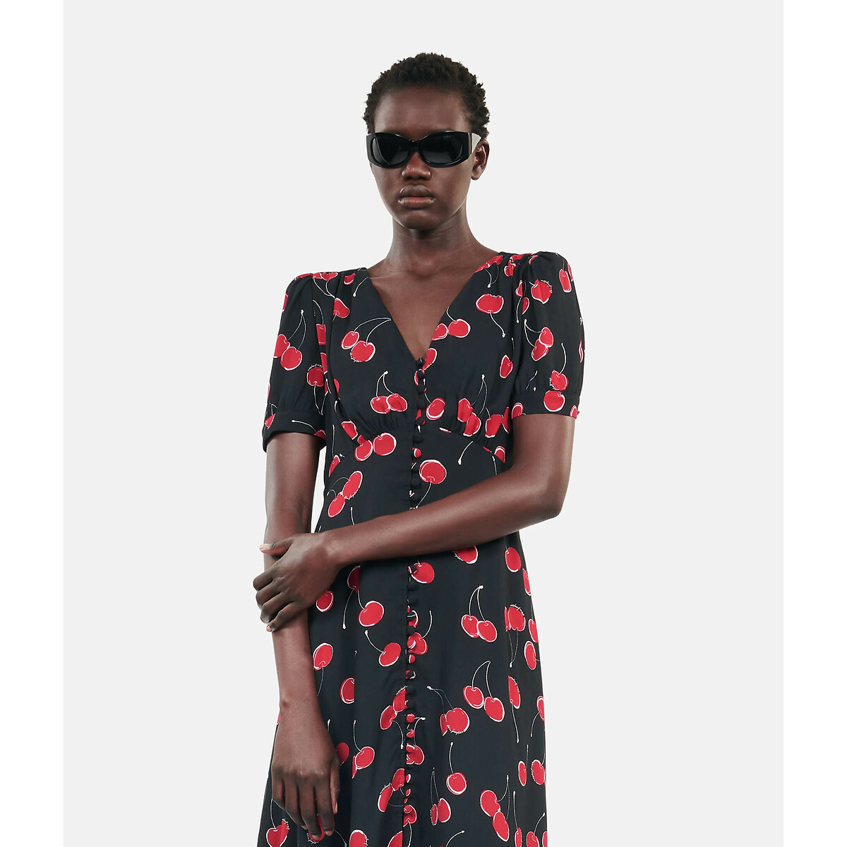 Robe midi manches courte col v imprime