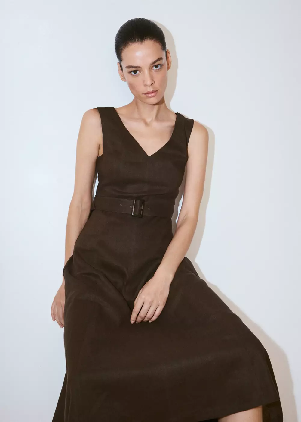 Robe midi en lin avec ceinture, MANGO