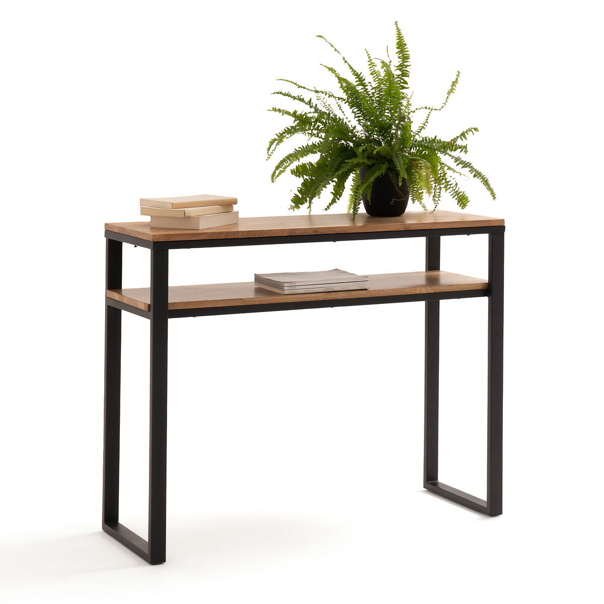 Hiba Solid Oak And Steel Console Table, Console Tables Less Than 100cm Wide