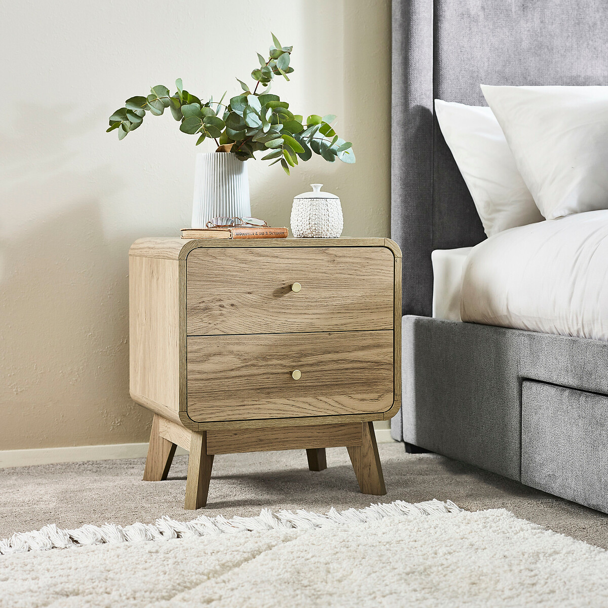 Seluna Retro 2 Drawer Oak Bedside, SO'HOME