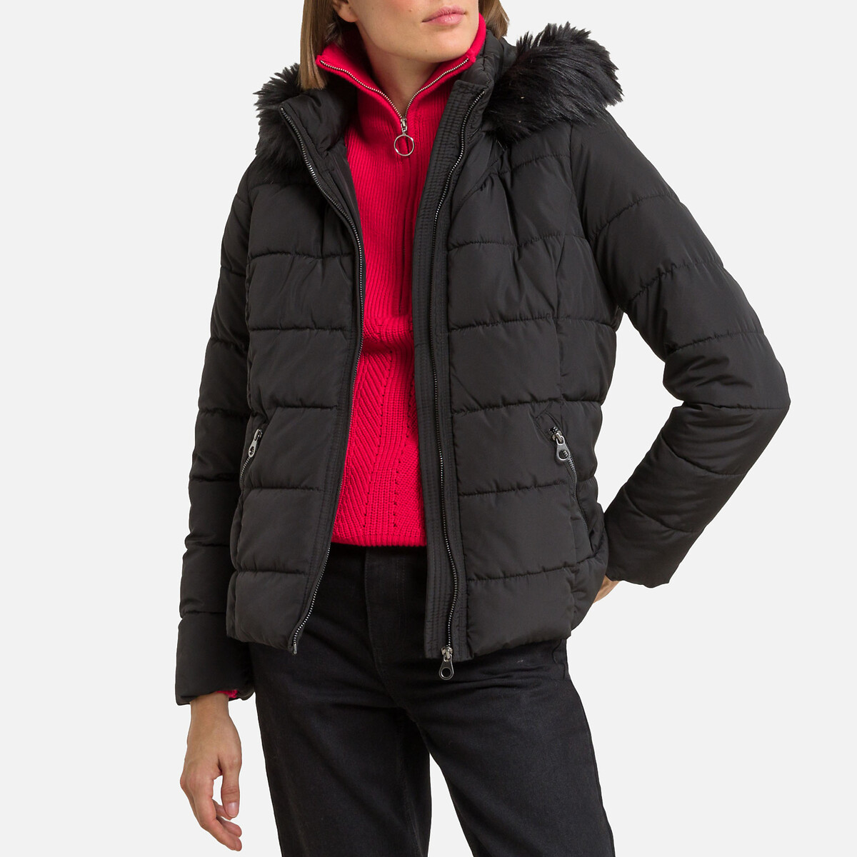 Short hooded padded jacket with faux fur trim Moda La
