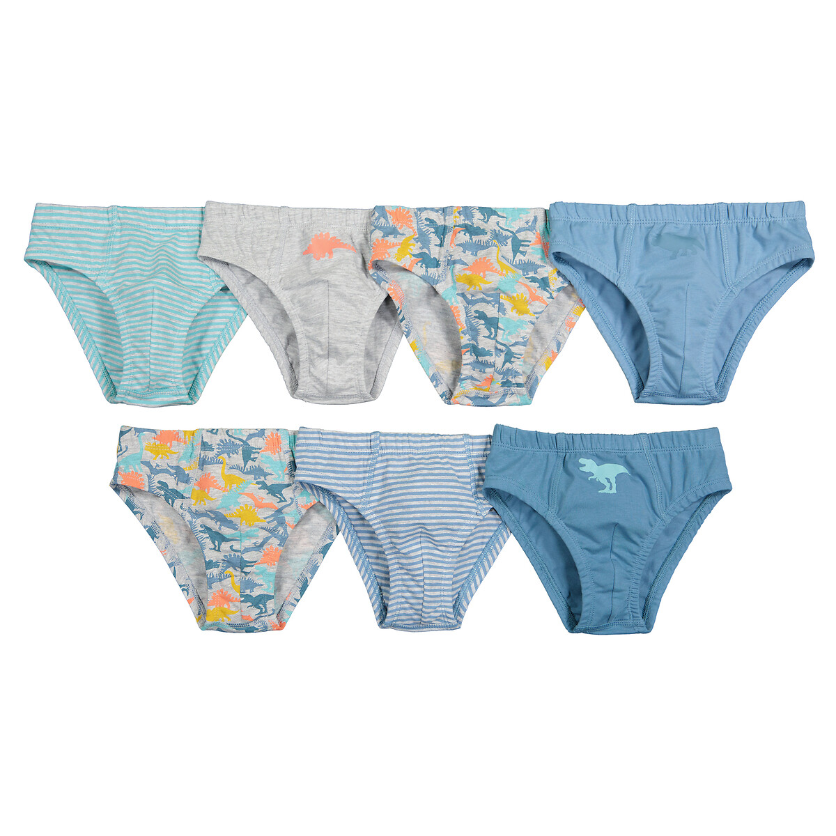 Pack of 7 briefs in dinosaur print cotton, blue + grey, La Redoute