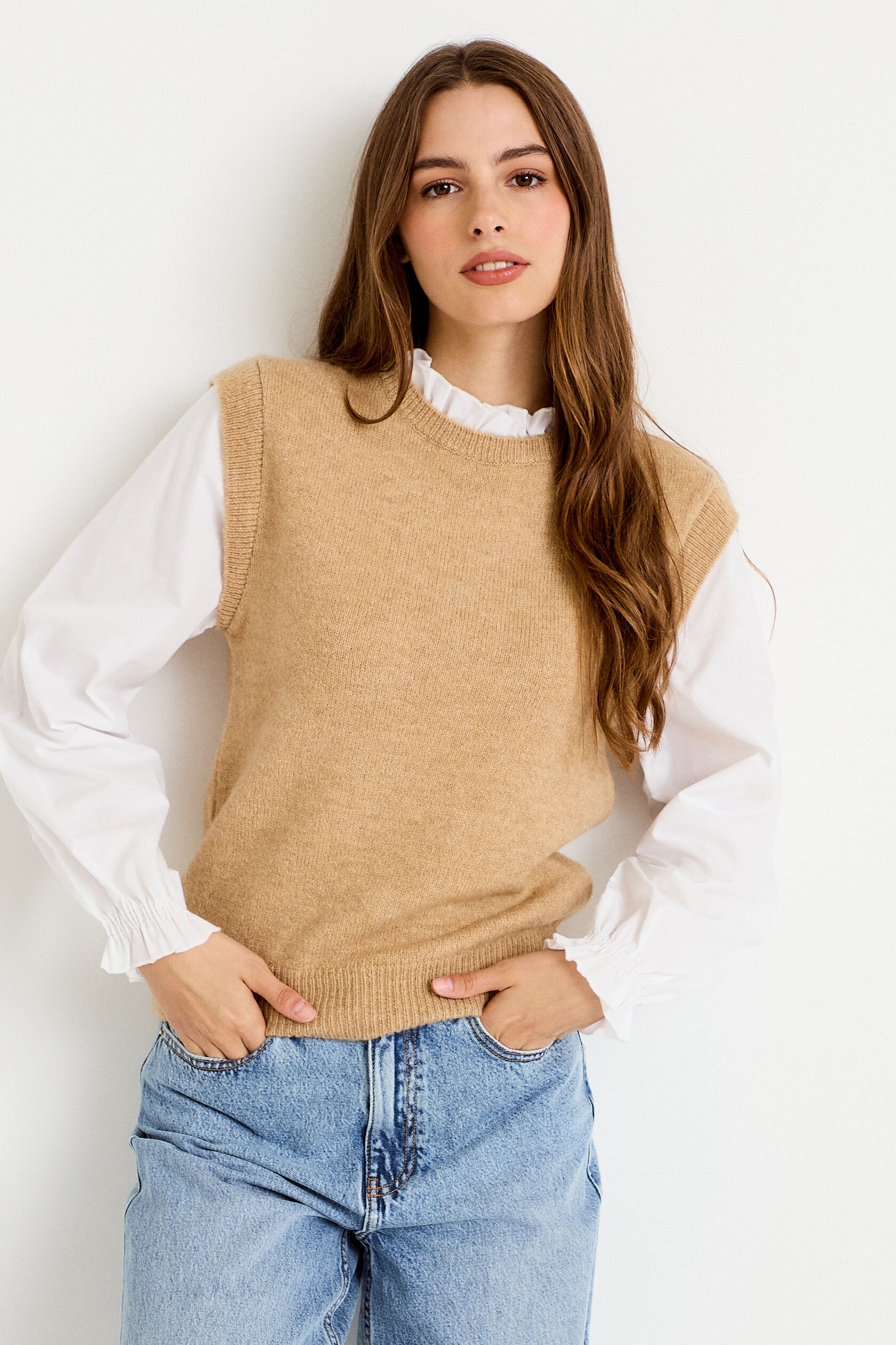 Pull 2-en-1 col chemise manches longues, CACHE CACHE