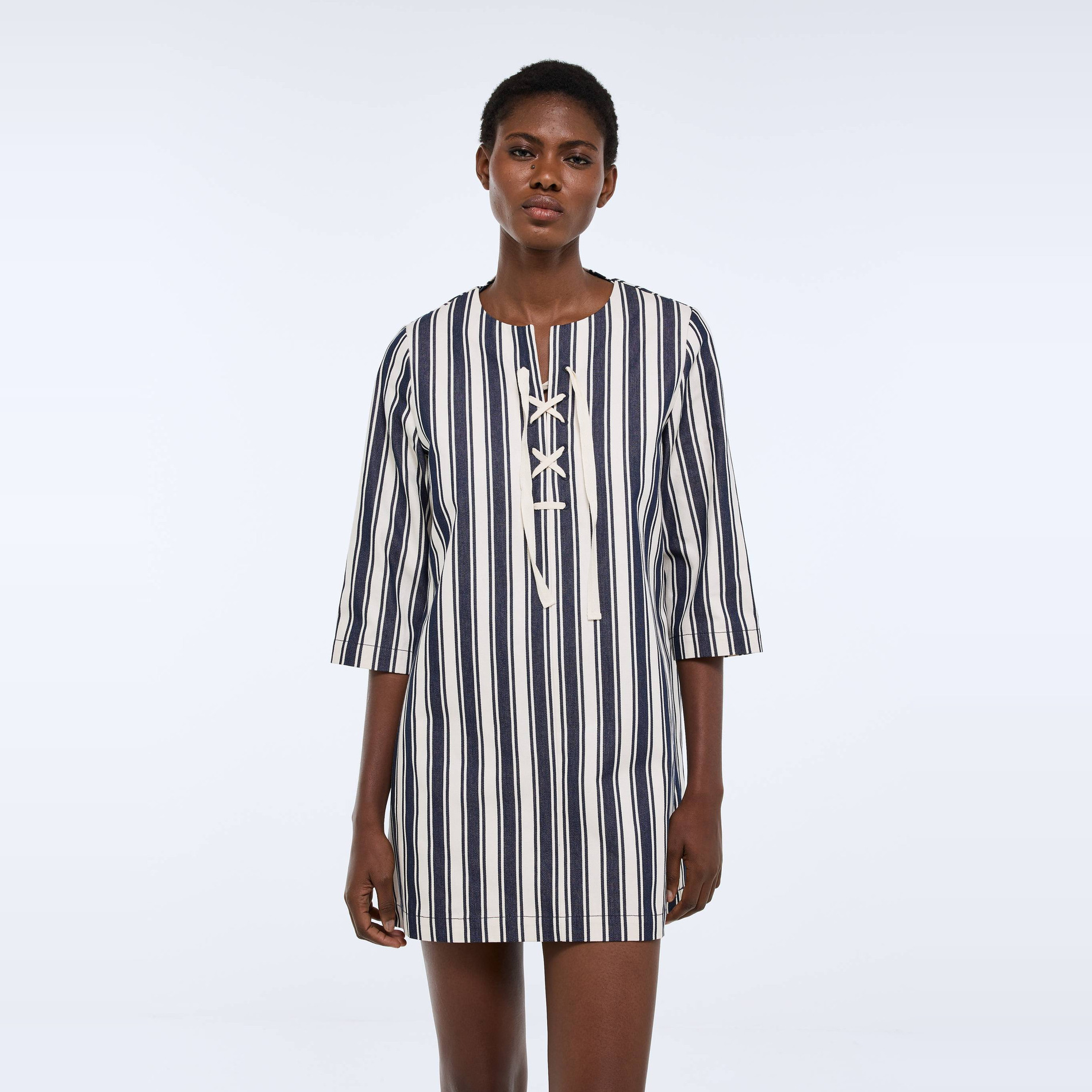 Robe courte, manches longues rayée avec laçage en coton BIO GOTS, MONOPRIX