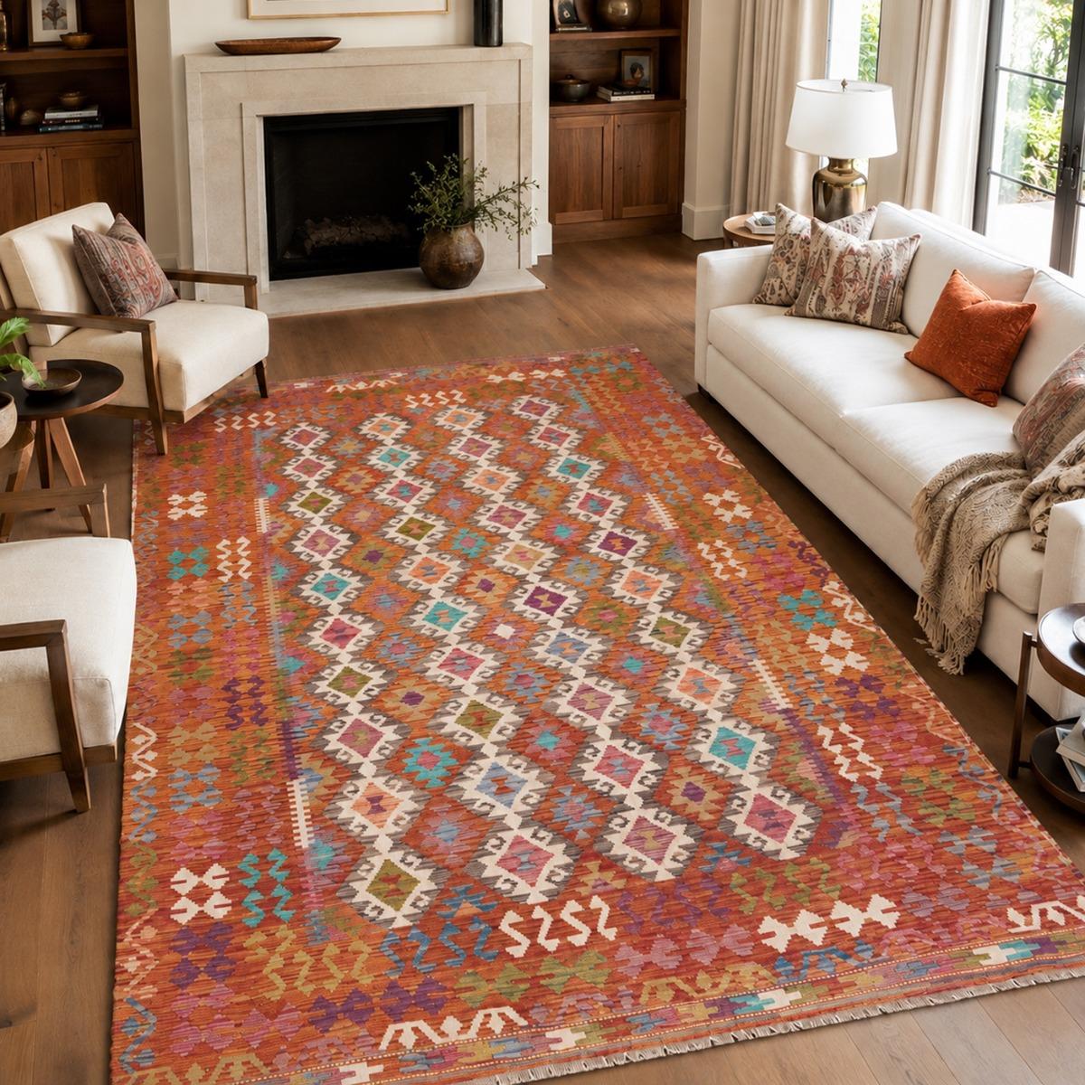 Tapis kilim, motif ethnique authentique, tissé en laine, KILIM 30, UN AMOUR DE TAPIS