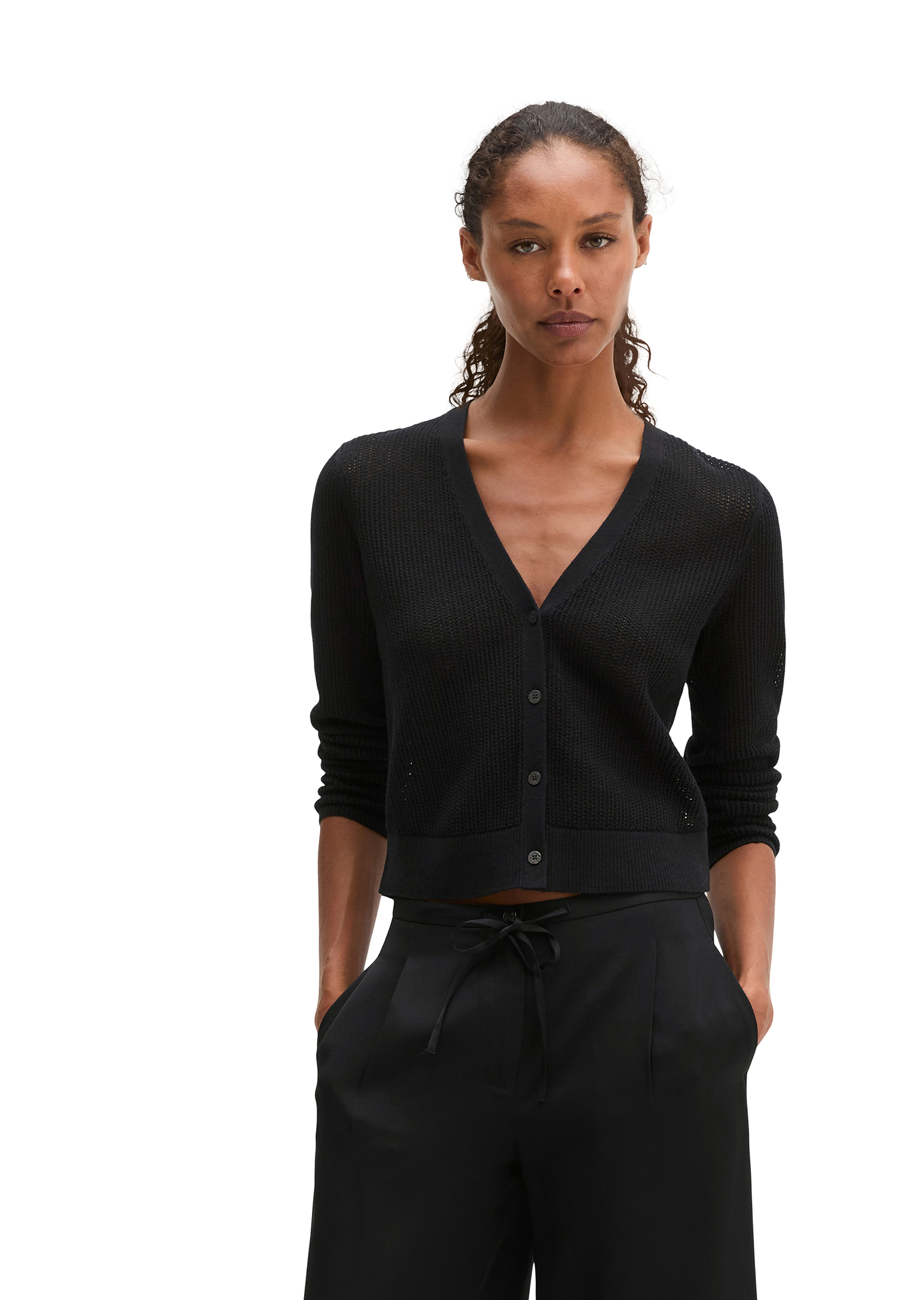 Cardigan ajouré régulier en fil de slub de coton et de lin, MARC O'POLO