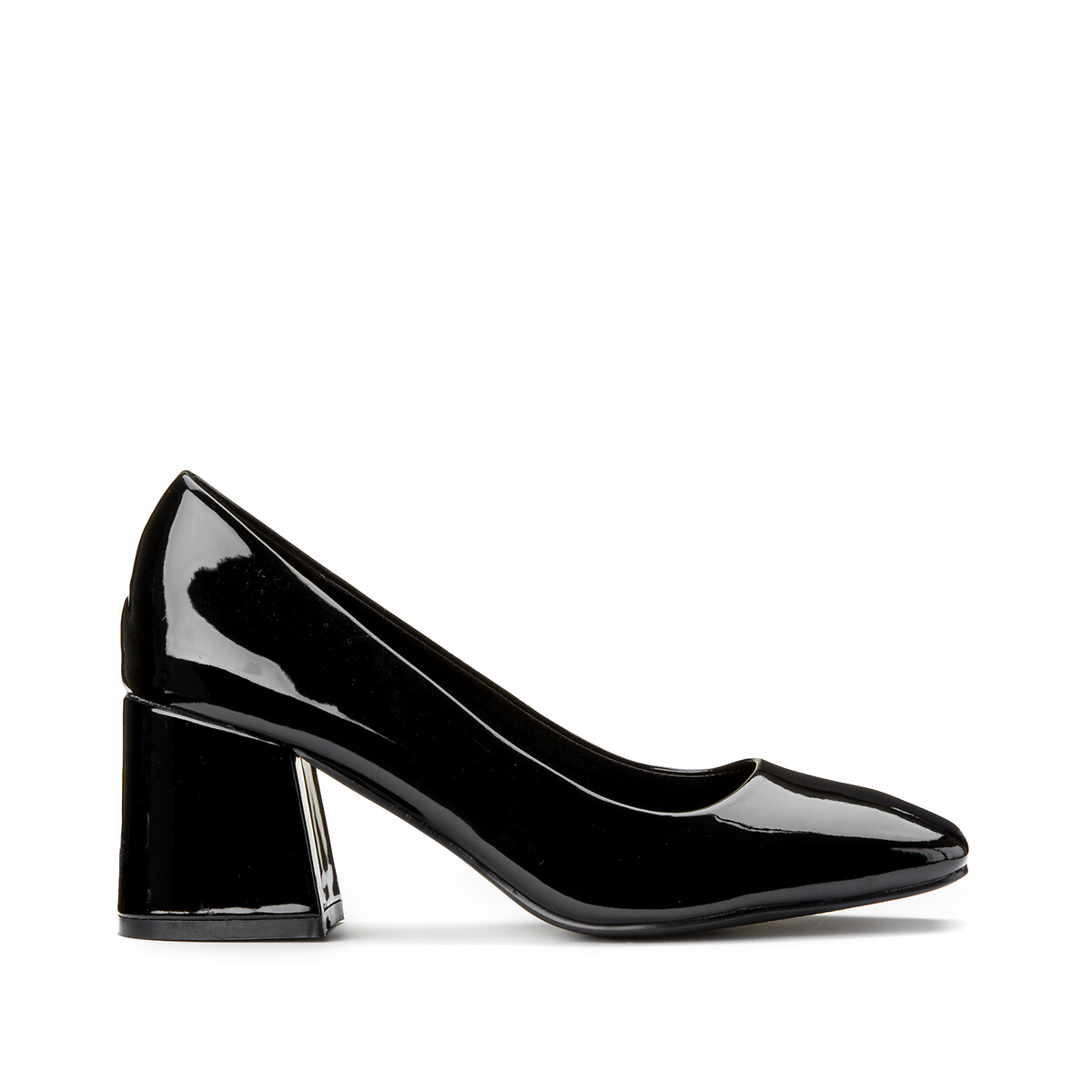 black patent leather block heel pumps