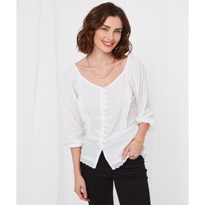 Embroidered V-Neck Blouse with Long Sleeves JOE BROWNS