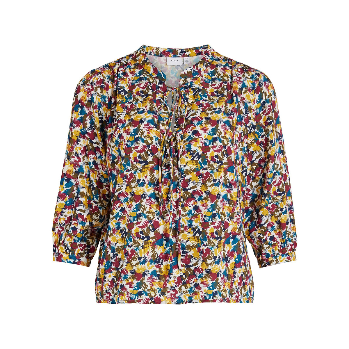 Graphic Print Cropped Blouse with Mandarin Collar