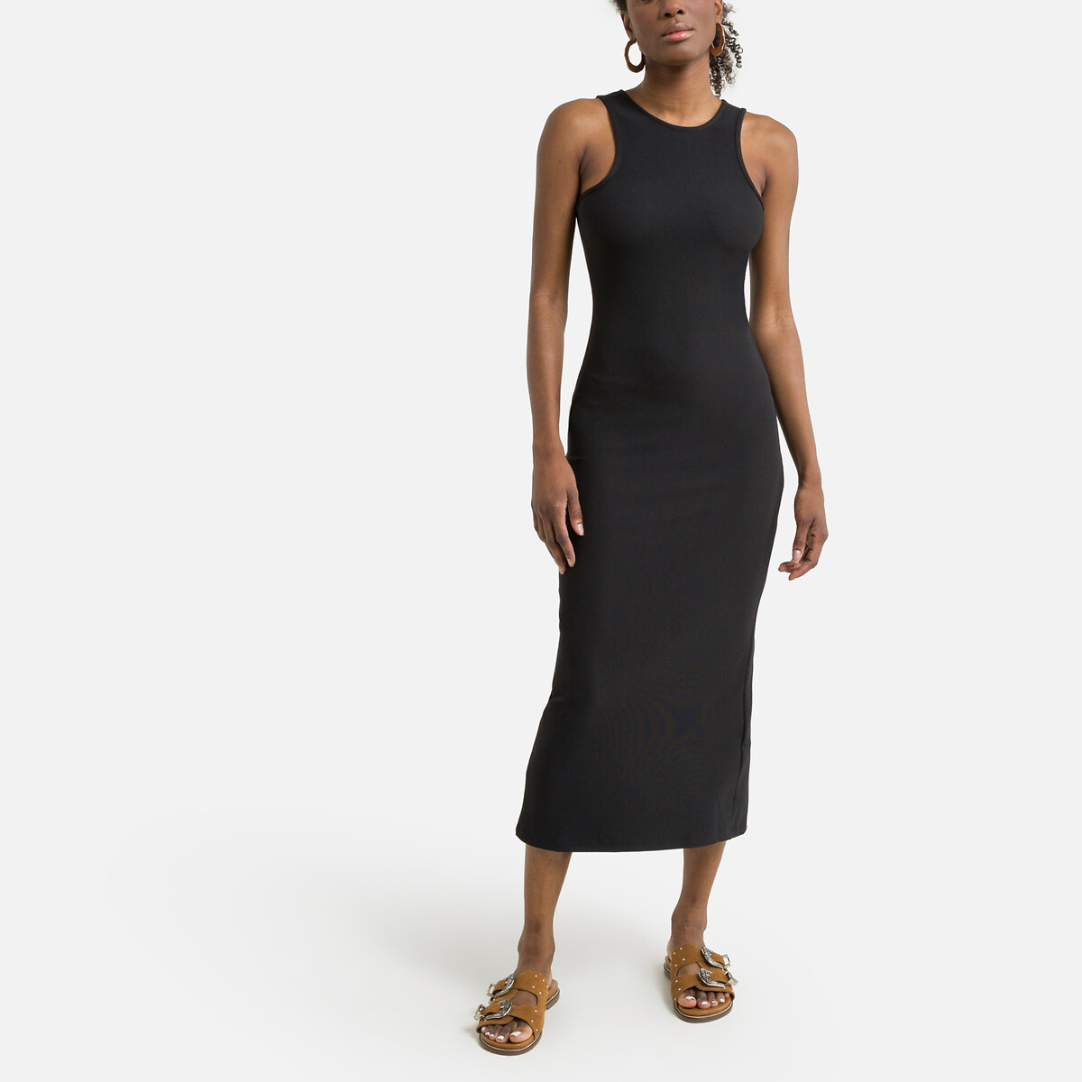 Image of Ribbed Midi Dress with Cutaway Shoulders