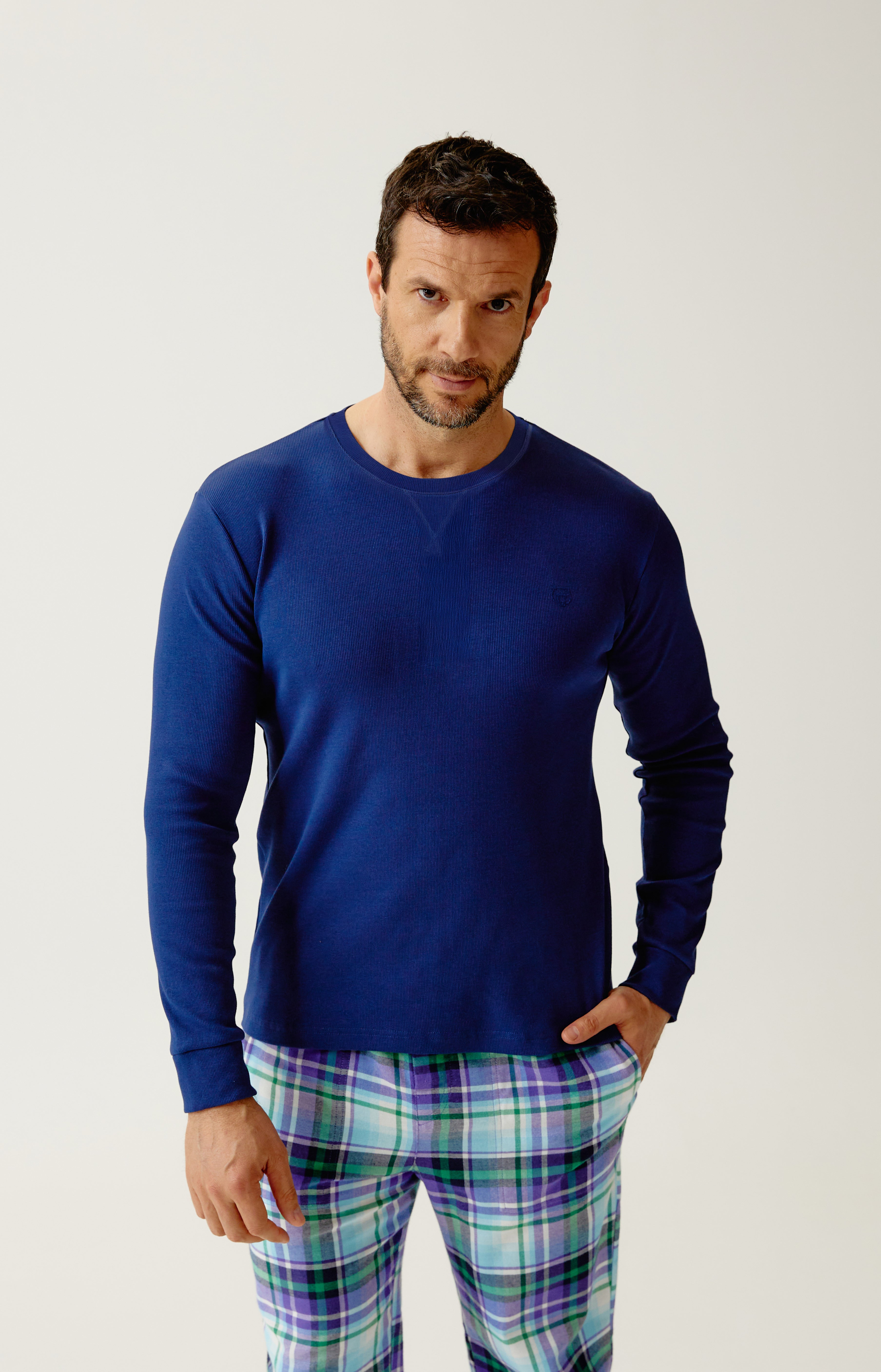 Tee-shirt manches longues en jersey de coton et modal couleur unie Minuit, ARTHUR