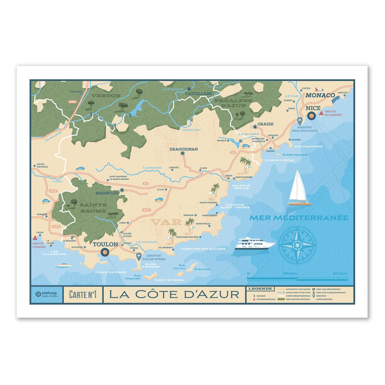 Affiche d'art - Carte Cote d'Azur - Olahoop Travel Posters, WALL EDITIONS