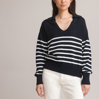 Striped Polo Jumper in Cotton Mix and Fine Knit LA REDOUTE COLLECTIONS