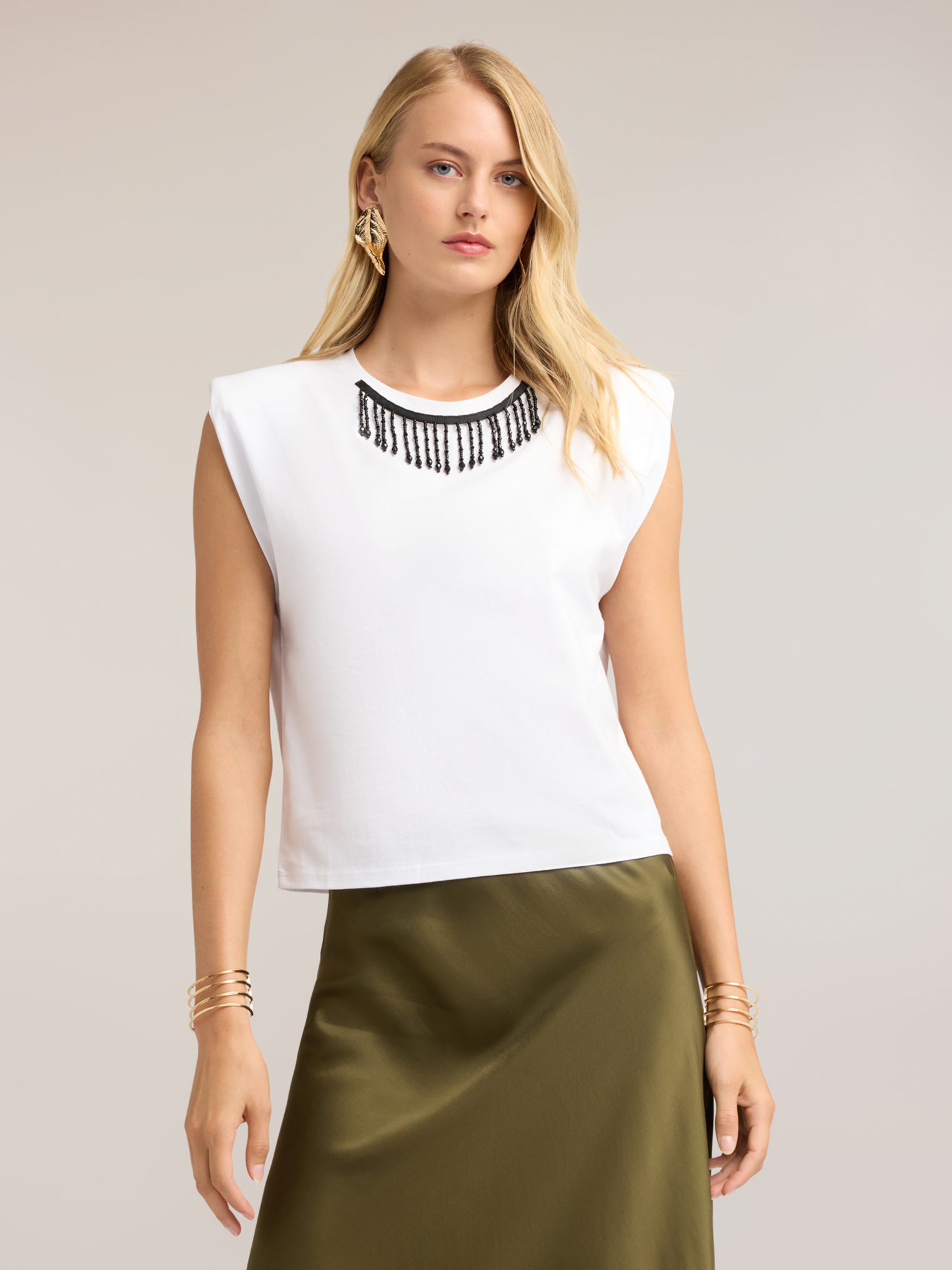 Top avec franges et perles sur l'encolure ras-du-cou, MOTIVI