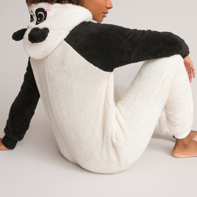 Panda Fleece Hooded Onesie, ecru/black, LA REDOUTE COLLECTIONS