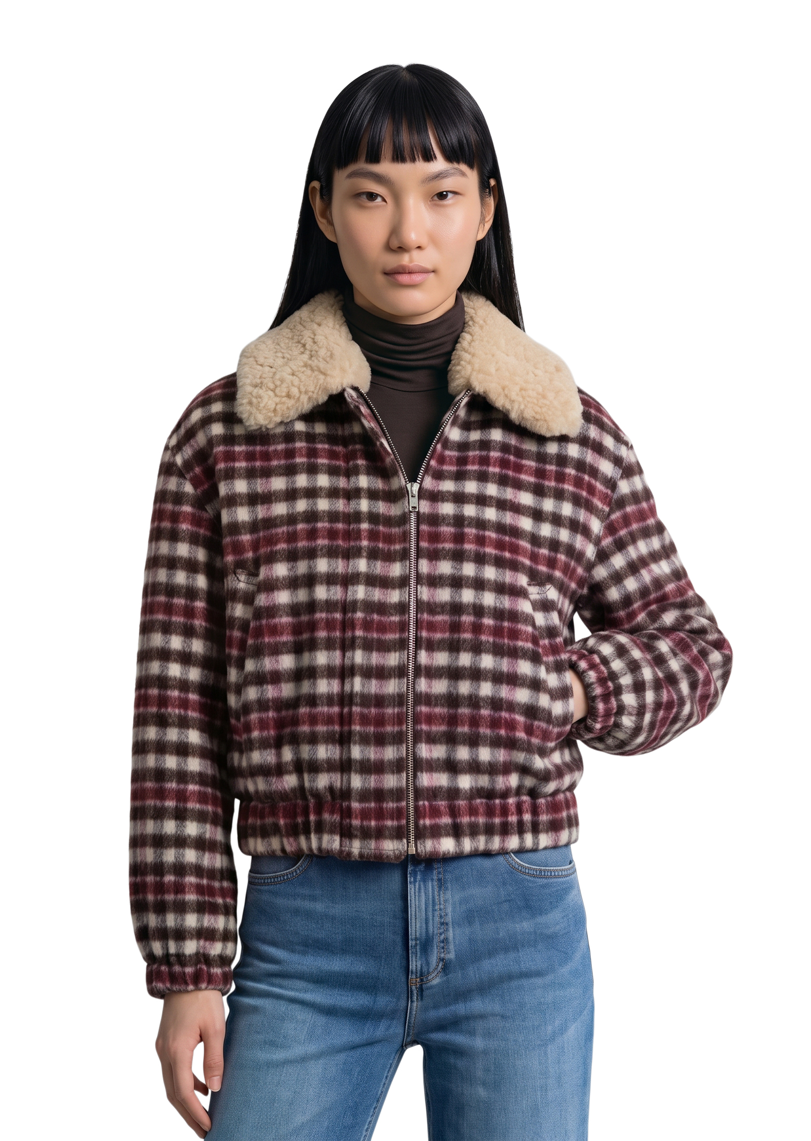 Blouson en laine à carreaux, coupe regular avec un col en peluche amovible, MARC O’POLO DENIM