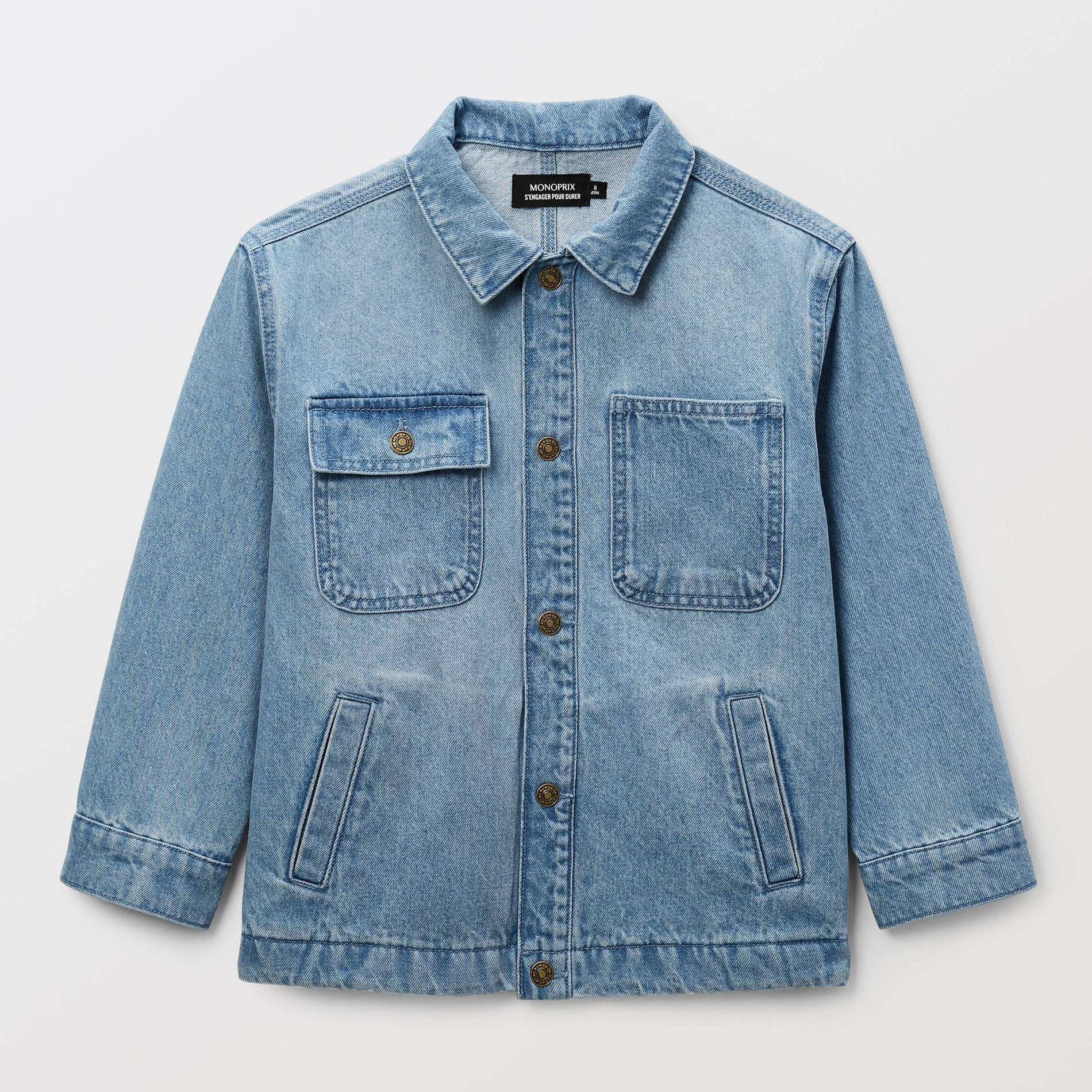 Veste col chemise en jean uni en coton, MONOPRIX