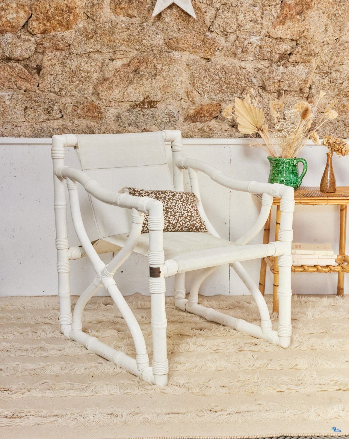 Fauteuil en bambou blanc Jakob N°1286 - Bon état, DEBONGOUT