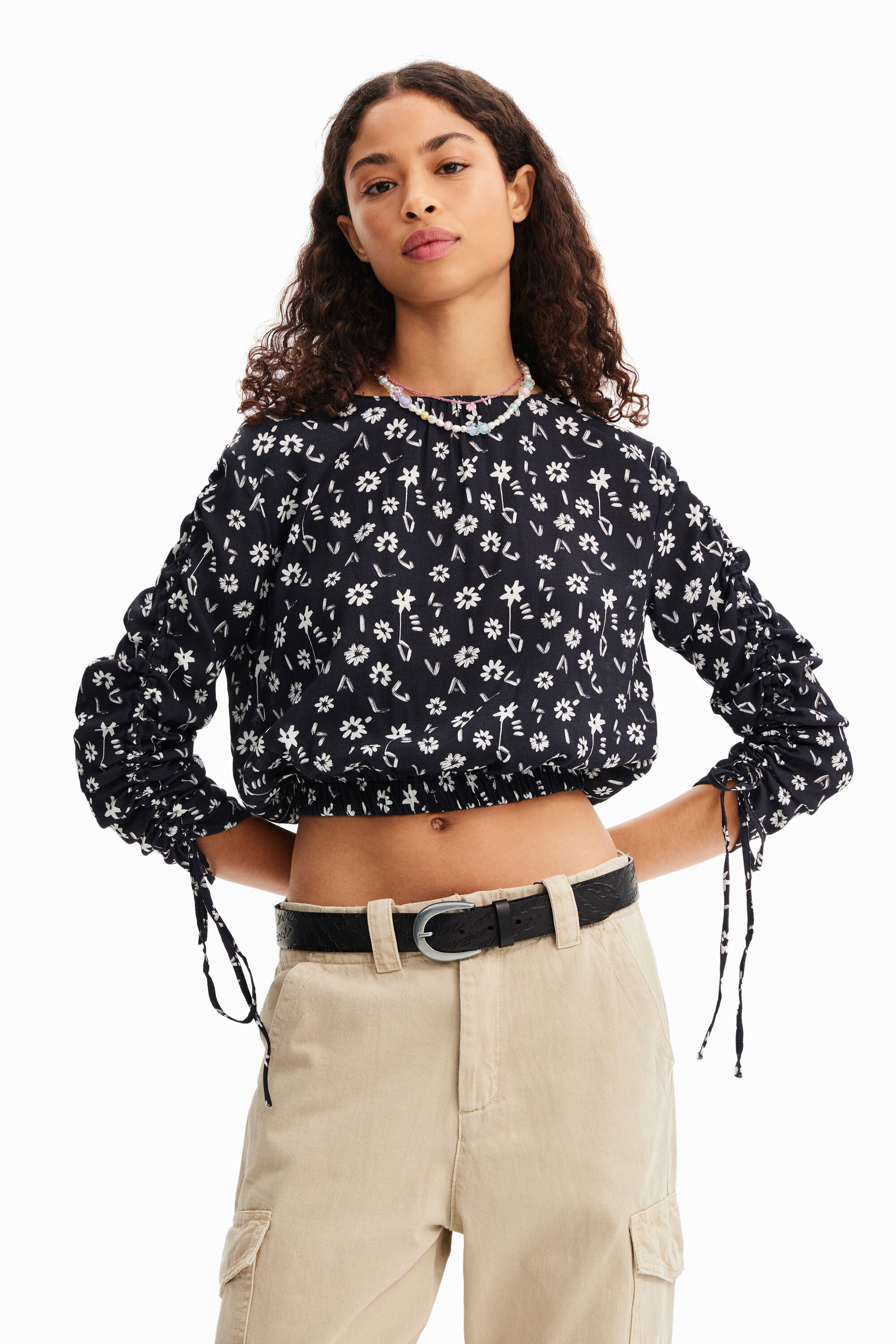Blouse courte froncée fleurs, DESIGUAL