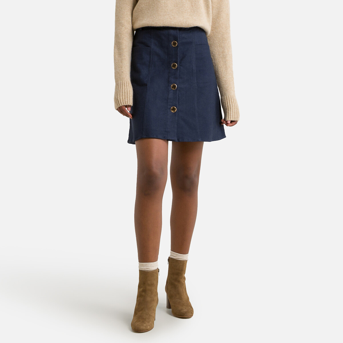 Wool Mix Mini Skirt with Buttons