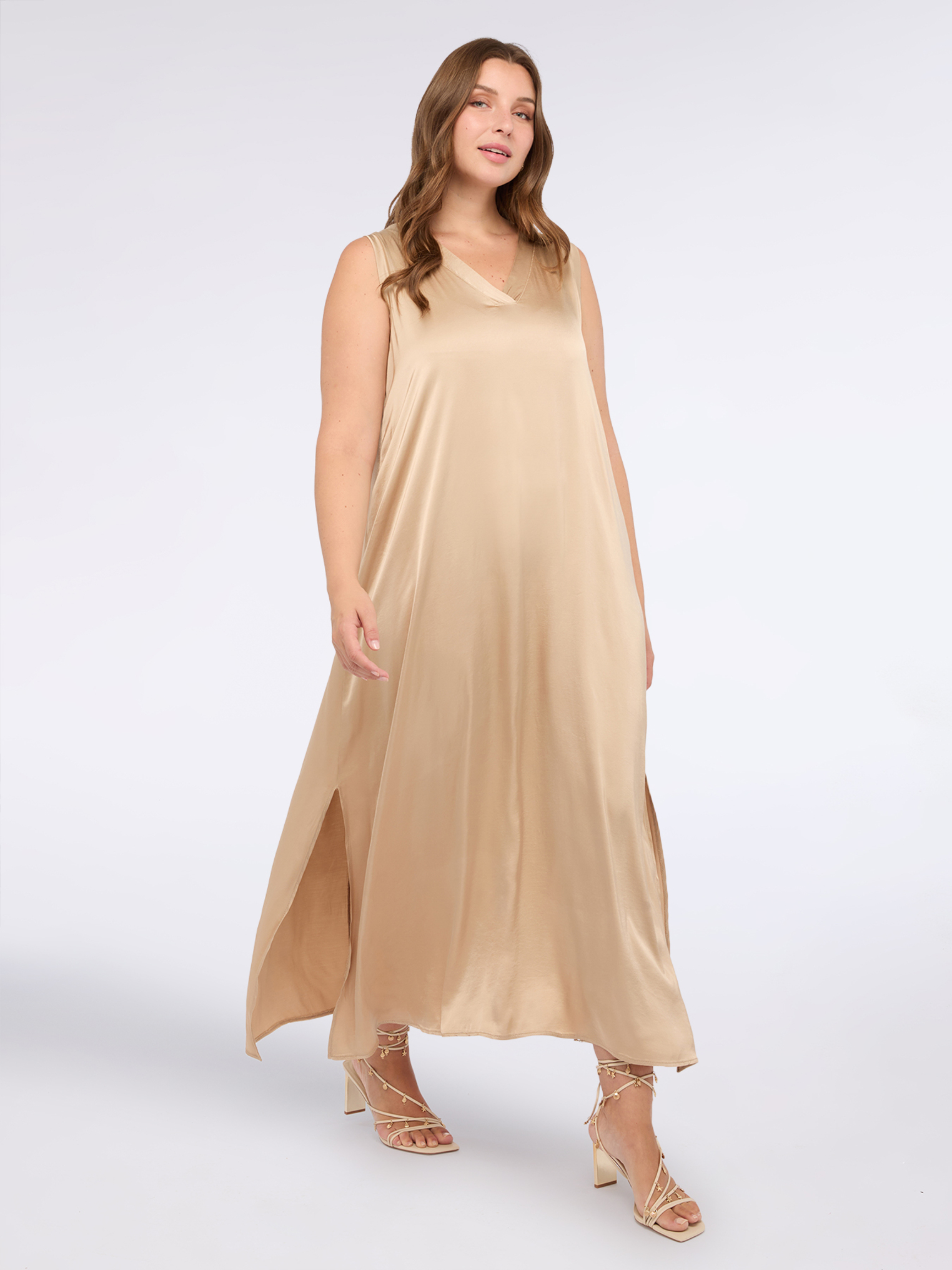 Robe longue en satin stretch avec décolleté en V, FIORELLA RUBINO