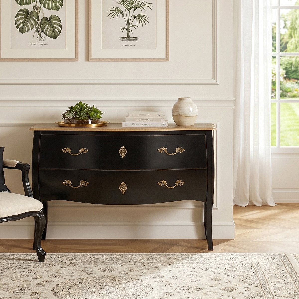 Commode style shabby chic, plateau en chêne, 2 tiroirs ALIENOR, ROBIN DES BOIS