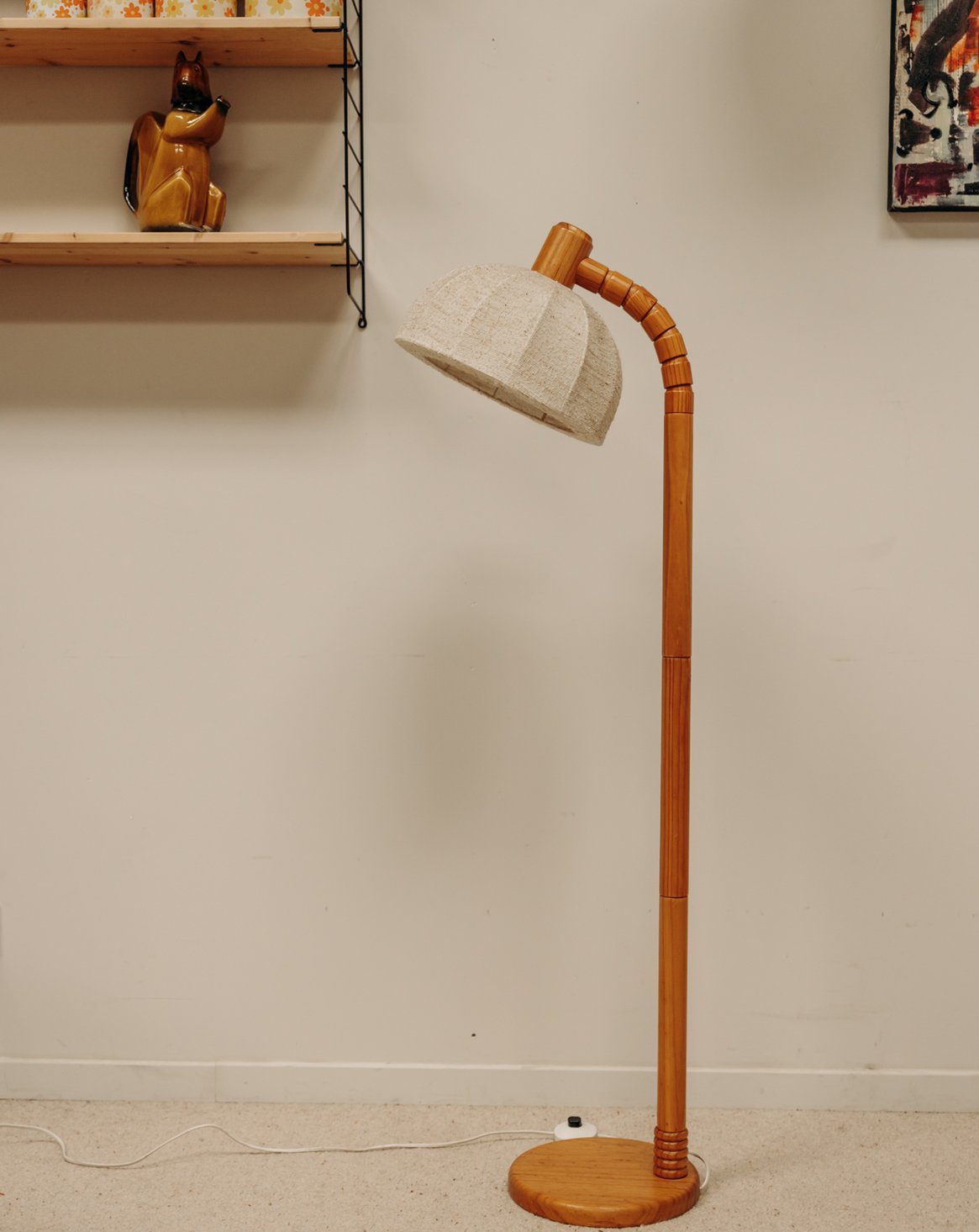 Lampadaire en bois et toile Julien N°377 - Bon état, DEBONGOUT