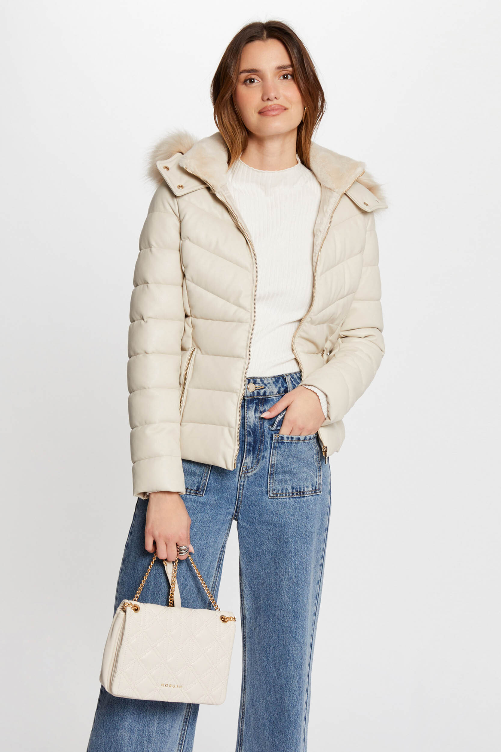 Doudoune simili cuir capuche, MORGAN