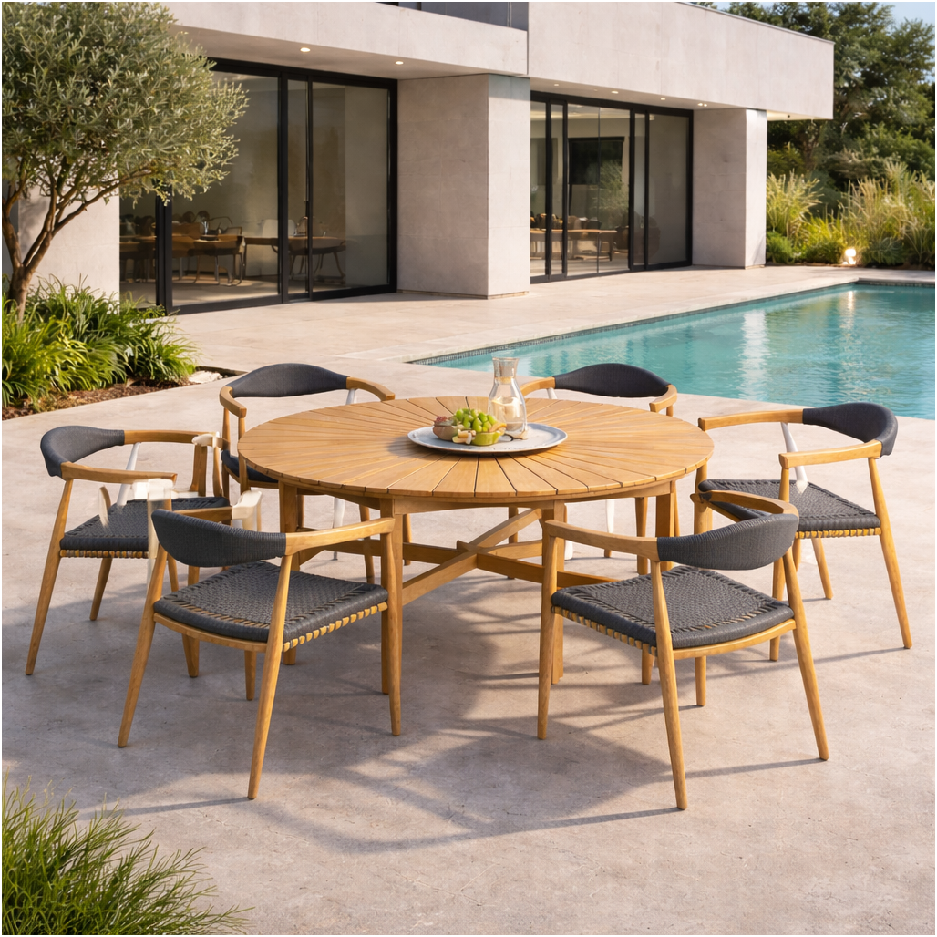 Ensemble table ronde en teck et 6 fauteuils en teck et corde, WANDA COLLECTION