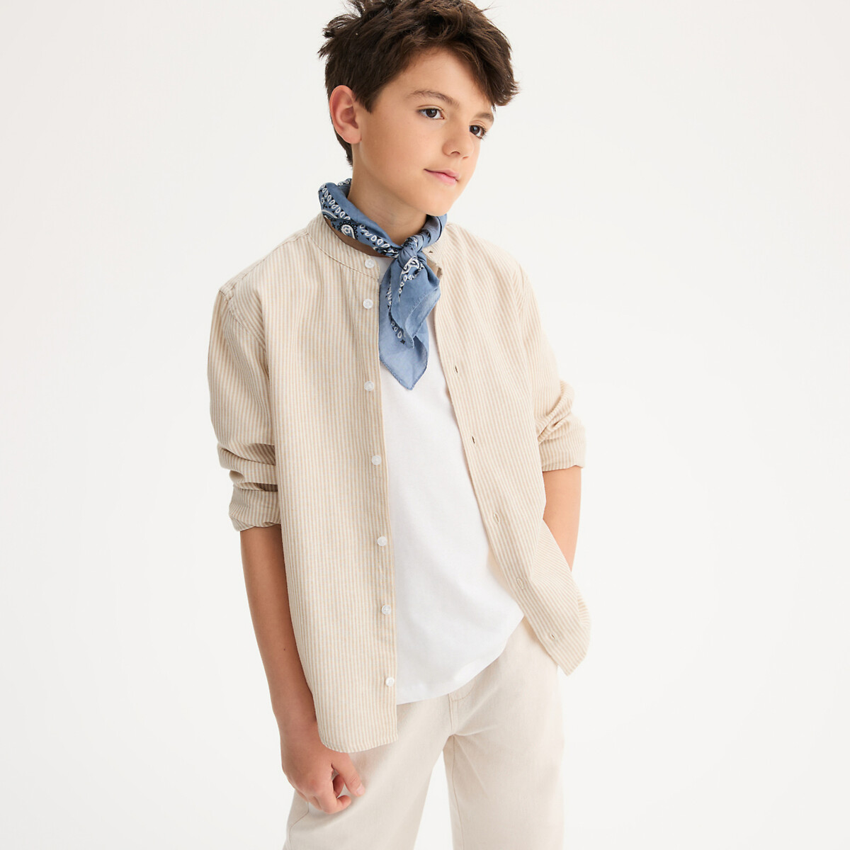 Chemise rayée, col mao, coton/lin