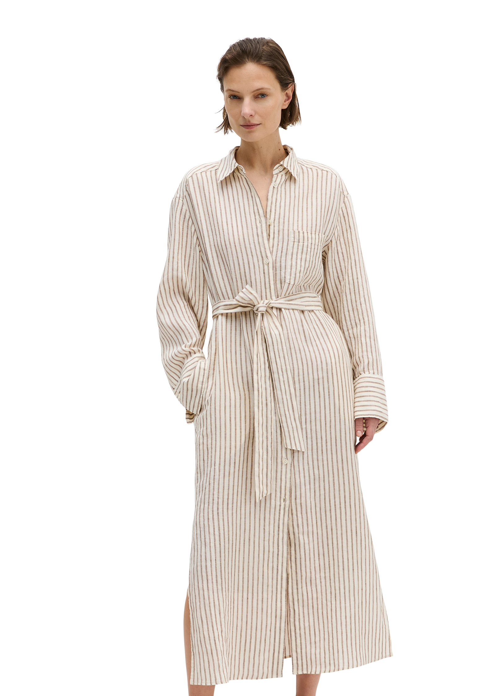 Robe-chemise en lin relaxed avec motif à rayures teinté dans la masse, MARC O'POLO