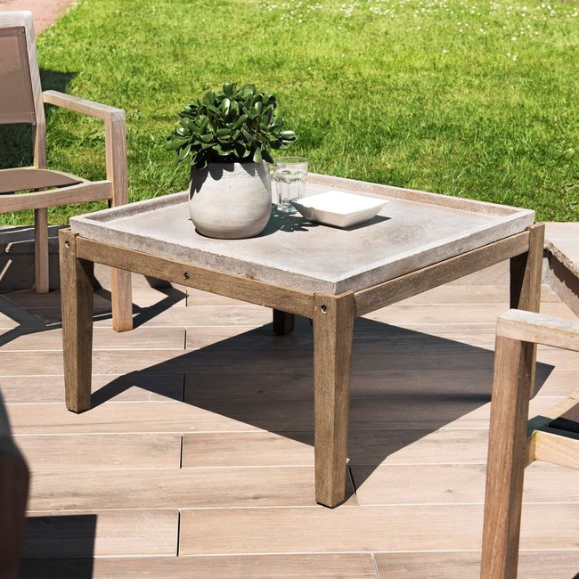 Table basse de jardin carrée maison de campagne en bois acacia et béton 84x84cm SUMMER gris <span itemprop=
