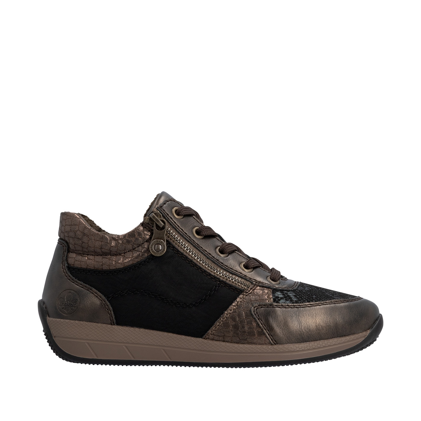 Sneakers bronze à talon plat pourvues de lacets et d'un zip latéral, RIEKER