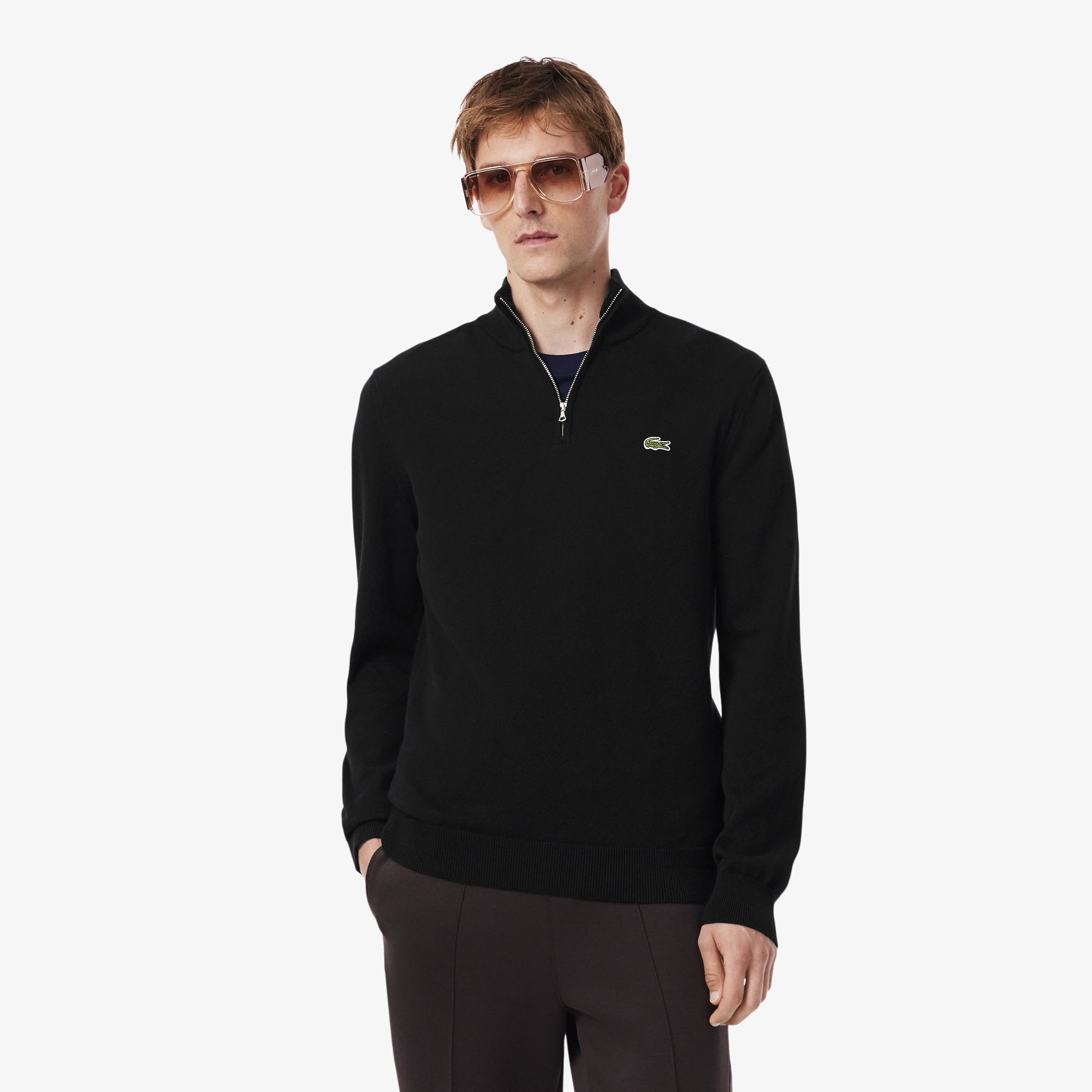 Pull zippé coton uni col montant, LACOSTE