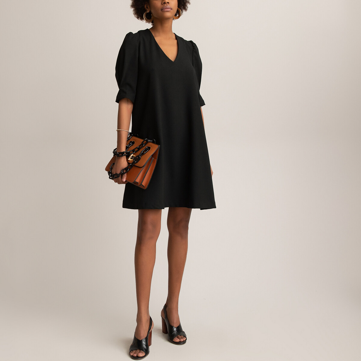 V-Neck Shift Dress with Short Puff Sleeves
