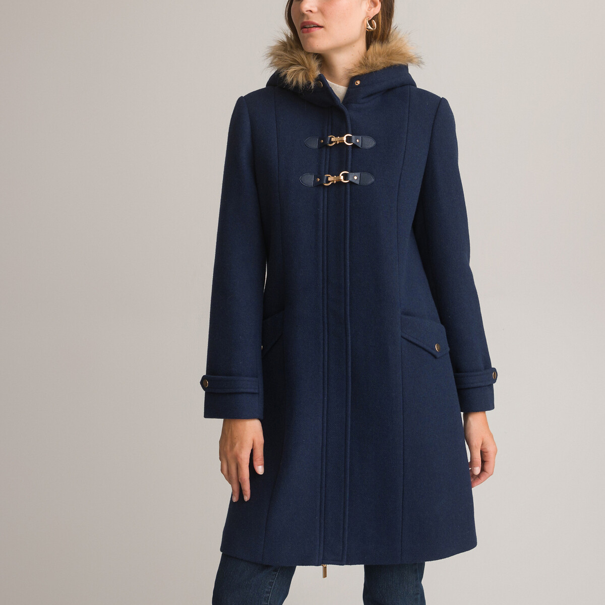 Image of Mid-Length Hooded Coat with Faux Fur Trim