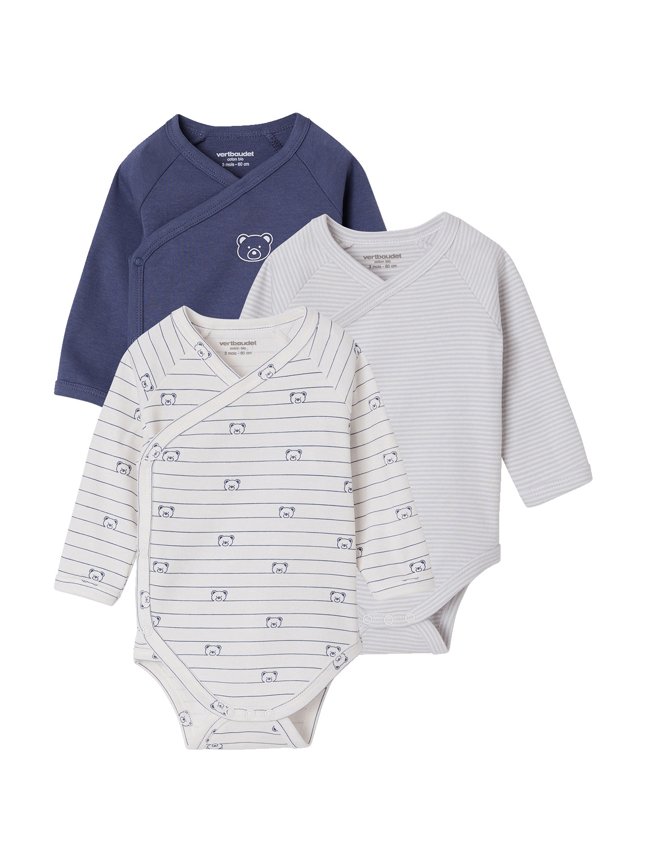 Lot de 3 bodies naissance manches longues, VERTBAUDET